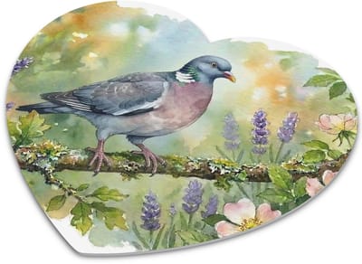 Hartvormige "Aquarel Series" Muismat Houtduif in de Natuur met Lavendel & Roze Bloemen - Bureaumat met Vogel Waterverf Illustratie voor Thuiswerken & Kantoor - Uniek Cadeau voor haar: Vrouw,Vriendin & Collega - Natuurliefhebber Design