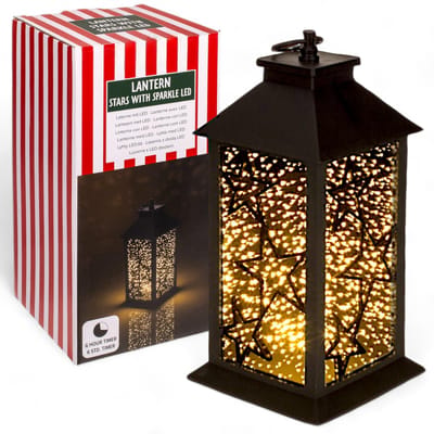 Dailygoods- Lantaarn met sterrendesign - LED Lamp - Spiegelend Glazen Venster - 32 x 15 x 14 cm - Timerfunctie - Kunststof - Indoor