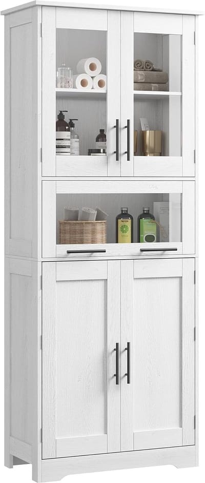 Badkamerkast 170 cm – 4 deuren, 1 lade, verstelbare legplanken, glasfronten – 60 x 30 x 170 cm – Wit