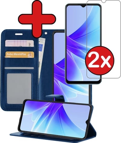 Hoesje - Met 2x Screenprotector - Geschikt voor OPPO A17 - Luxe Pasjeshouder - Flip Case - Bookcase Portemonee - Kunstleer Book Case - Flipcase Hoes - Book Cover - Walletcase - Portemonneehoes - Telefoonhoes - Donkerblauw