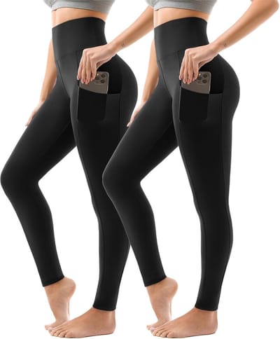 Sportlegging voor dames, hoge taille, sportbroek voor dames, lang met zakken, voor gym, yoga, verpakking van 2 stuks, SM, zwart/grijs