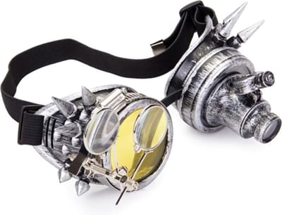 KIMU® Goggles Steampunk Bril Met Spikes, Vergrootglas En Led Lampje - Oud Zilver Montuur - Geel Glas - Gele Spacebril Space Festival