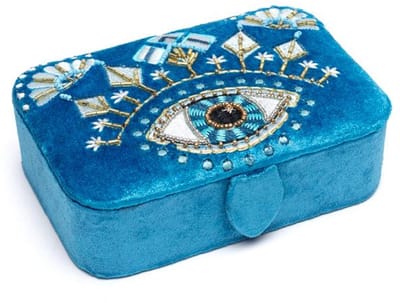Sieraden / tarotdoos fluweel blauw met Alziend Oog – 11 cm x 15.5 cm x 5 cm