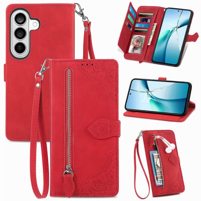 Telefoonhoesje geschikt voor Samsung Galaxy A57 5G - Portemonnee met rits - book-case hoesje - ruimte voor 7 pasjes - rood