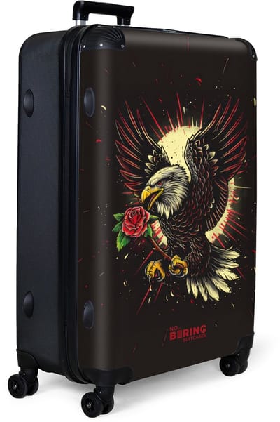 NoBoringSuitcases.com® - Koffer groot - Reiskoffer lichtgewicht - Zwart met adelaar en rode bloem - Rolkoffer met 4 wielen - Grote trolley XL - 98 liter bagage