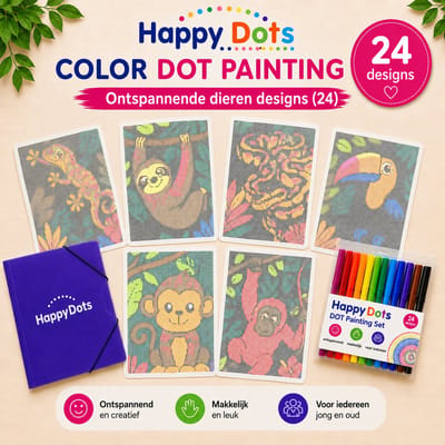HappyDots Color DOT Painting set Jungle dieren A4 - 24 designs + stiften set + opbergmap