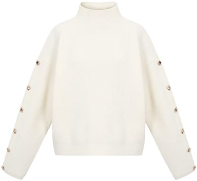 Comfortabele Gebreide Polyester Dames Trui met Schildkraag en Goudkleurige Knopen - Grijs - Maat S/M