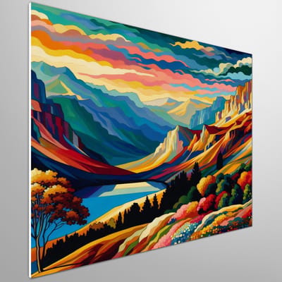 Pop art landschap schilderij | Levendig pop-art landschap weergegeven in gedurfd, kleurrijk kunstwerk | Kunst - 75x75 centimeter op Forex | Foto op Forex