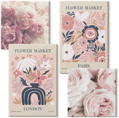 Wallfluent Set van canvas schilderijen - Bloemmotieven rozen pioenrozen Londen Parijs Canvas Schilderijen Set - Set van 4 Canvas Schilderijen - Roze Set van Canvas Prints - Natuur Canvas Kunst Set - Boheemse Canvas Kunst Set