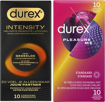 Durex - 20 stuks Condooms - Intensity 10st Nieuwste generatie ultradun, gedeelde lichaamswarmte - Pleasure Me 10st met ribbels - Voordeelverpakking