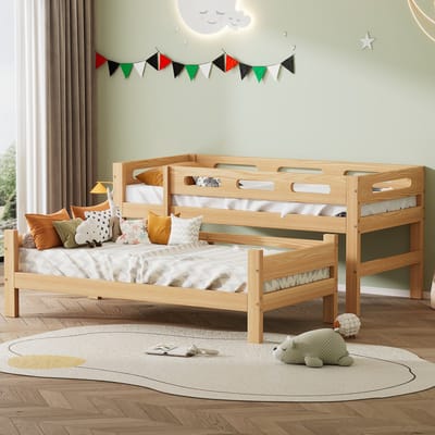 OKWISH Stapelbed 90x200 cm – Splitsbaar Tot Twee Eenpersoonsbedden – Scheidbaar & Eenvoudige Montage Voor Kinder- En Jeugdkamers – Grenen Hout; MDF – Lichtbruin – Zonder Matras