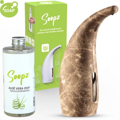 Soopz Automatische Zeepdispenser – Bruin Marmer – Brown Marble Classic – Zeeppompje met Bewegingssensor – Met Aloë Vera Zeep