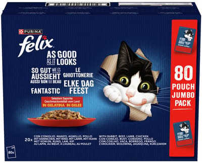 FELIX Zo lekker als het eruit ziet Smaakvariatie van het platteland in gelei, natvoer voor volwassen katten, 80 x 85g