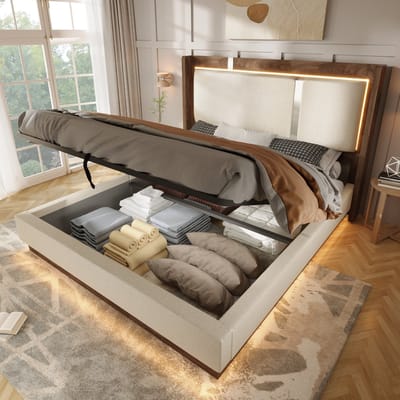140x200cm gestoffeerd bed - met LED-verlichting en opbergruimte - beige en walnootkleur - zonder matras