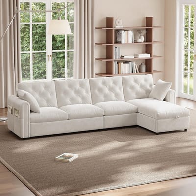 Pugsdrly Moderne fluwelen bank met opbergruimte in de hoek, L-vormige opbergruimte in de linker- en rechterhoek verstelbaar, zijarmleuningen met tijdschriftenvakken, rugleuning met knopen. Beige