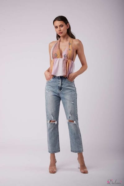 Broek Toxik3 hoge taille straight jeans destroyed look L20079