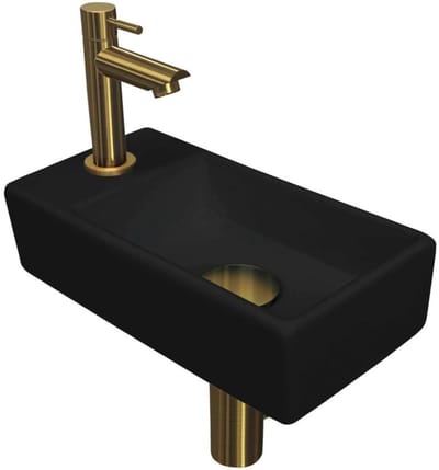 INK - Fonteinpack Porselein Links incl. Fonteinkraan - Design Sifon - Design Plug en Montageset - 360x180x90 Mm - Mat Zwart/brushed Mat Goud