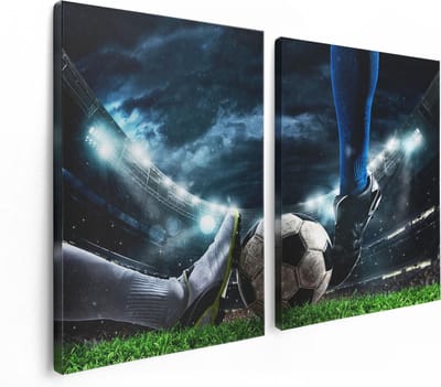 Artaza Canvas Schilderij Tweeluik Voetbal Sliding Op De Bal In Het Stadion - 120x80 - Foto Op Canvas - Canvas Print