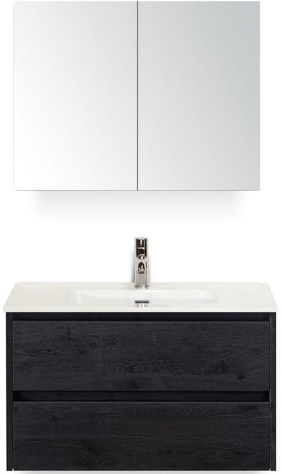 Dante Badmeubelset 80 cm - Black Oak - Keramische Wastafel Wit Cover met Spiegelkast