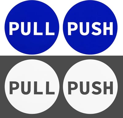 SnelShoppen - Push Pull Deur Sticker Set - 2 Zelfklevende Wandstickers voor Glazen Deuren - 10 cm Diameter - Waterdicht PVC - Wit en Blauw - Herinneri