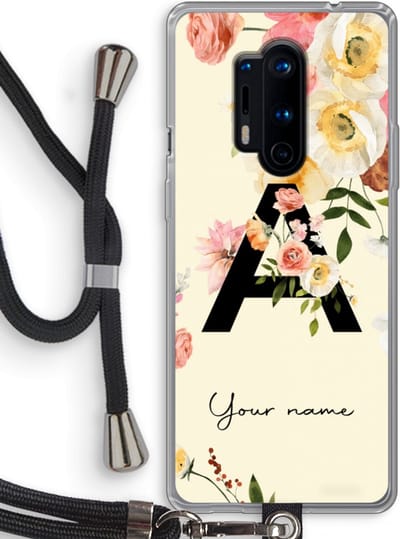 Gepersonaliseerd - Case Company® - Hoesje met koord geschikt voor OnePlus 8 Pro hoesje met Koord - Flirty Flowers Monogram - Telefoonhoesje met Zwart Koord - Bescherming aan alle Kanten en Over de Schermrand