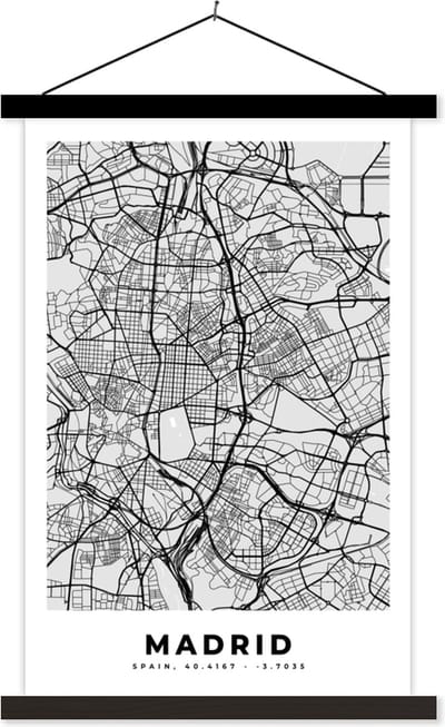 Posterhanger incl. Poster 40x60 cm - Schoolplaat - Madrid - Zwart Wit - Stadskaart - Plattegrond - Kaart - Textielposter - Zwarte latten - Stadskaart