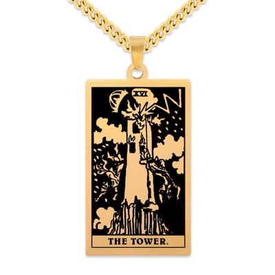Tarot Ketting XVI: De Toren / The Tower - Goudkleurig Stainless Steel - Grote Arcana uit Rider-Waite Geïnspireerd - 60cm - Pax Amare