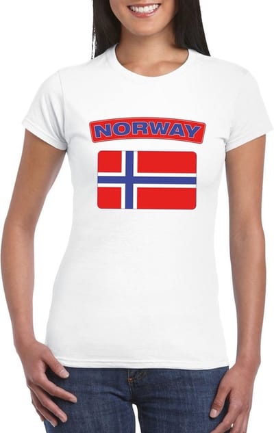 Vlag Noorwegen t-shirt - wit - met vlag van het land print - voor dames - korte mouwen - supporters S