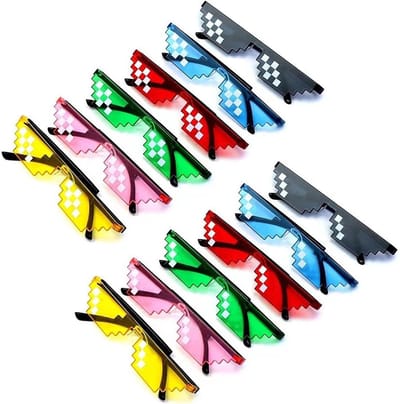 Dailygoods- Feestzonnebril Set van 12 - Grappige Zonnebril - Lichtgewicht - Duurzaam - Unieke Pixelpatronen - Verschillende Kleuren