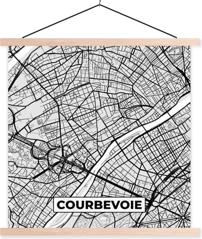 Posterhanger incl. Poster 40x40 cm - Schoolplaat - Stadskaart - Frankrijk - Kaart - Courbevoie - Plattegrond - Textielposter - Blanke latten - Stadskaart