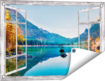 Gards Tuinposter Doorkijk Meer met Herfstbomen - 60x40 cm - Tuindoek - Tuindecoratie - Wanddecoratie buiten - Tuinschilderij