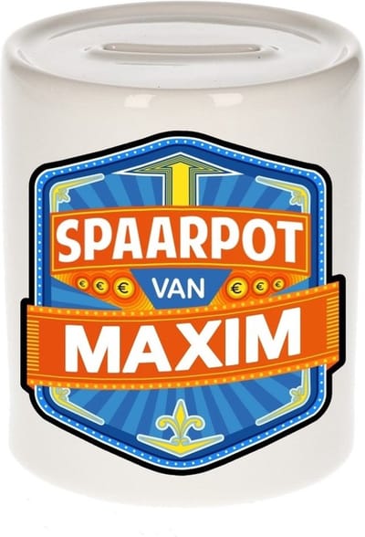 Bellatio Decorations Kinder spaarpot met naam - Maxim - keramiek - met dop - wit - Sparen - Spaargeld van Maxim