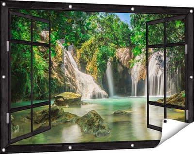 Gards Tuinposter Doorkijk Tropische Waterval - 120x80 cm - Tuindoek - Tuindecoratie - Wanddecoratie buiten - Tuinschilderij