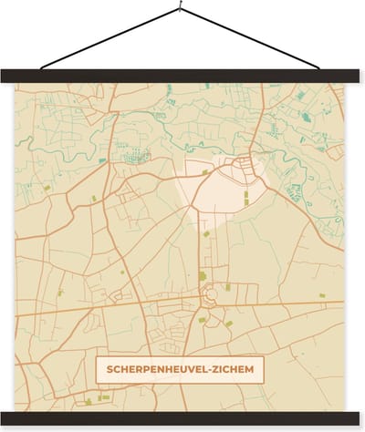 Posterhanger incl. Poster 60x60 cm - Schoolplaat - Plattegrond - Kaart - Stadskaart - Vintage - Scherpenheuvel-Zichem - Textielposter - Zwarte latten - Stadskaart
