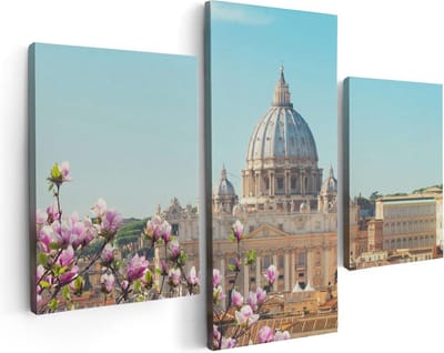 Artaza Canvas Schilderij Drieluik Sint Pietersbasiliek in Rome met Bloemen - 90x60 - Foto Op Canvas - Canvas Print