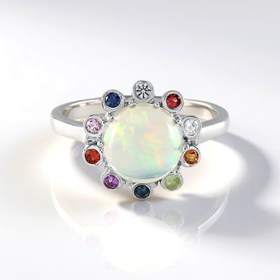 Cavill - Elegante Damesring 925 Sterling Zilver Platina Gepl. - Welo Opaal 2,305 ct & Madagaskar Saffier 0,4 ct - Ronde Cabochon - Maat 19