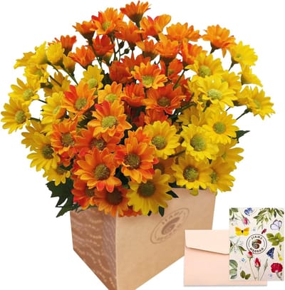 Nep bloemen boeket - 84 kopjes kunstzijde madeliefjes - vrolijke gele en oranje kleuren - ShopVlot