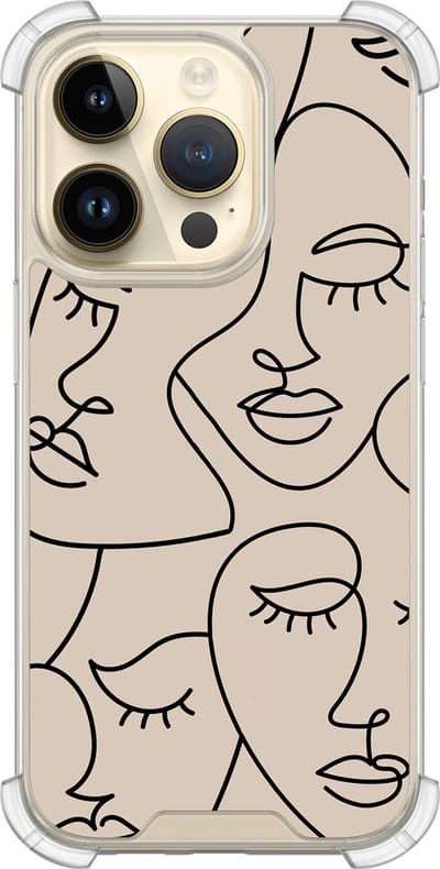 Shockproof hoesje - Geschikt voor iPhone 14 Pro - Abstract faces - Extra sterke case - TPU/polycarbonaat - Print / Illustratie - Bruin, Transparant