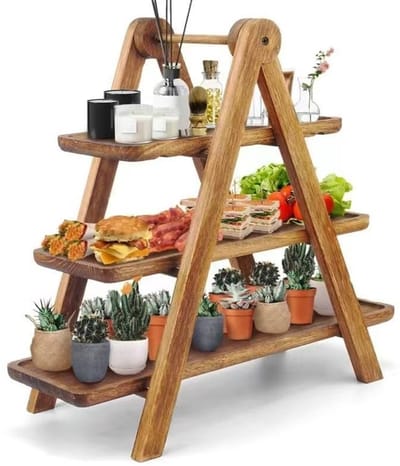 Dailygoods - Houten dienblad 3-laags dienblad wutong hout, gelaagd cakerek voor het serveren van voedsel, feest, afstuderen bruiloft of verjaardagsfeestje, picknickdienblad rek