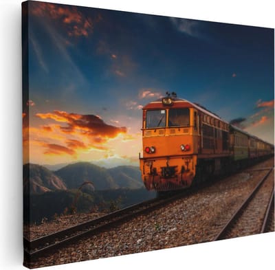 Artaza Canvas Schilderij Zonsondergang - 40x30 cm - Klein - Wanddecoratie Bergen - Muurdecoratie Trein - Kamer Accessoires Natuur