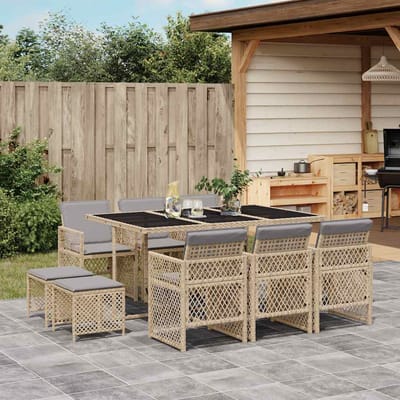 vidaXL - 11-delige - Tuinset - met - kussens - poly - rattan - beige