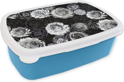 Broodtrommel Blauw - Lunchbox - Brooddoos - Rozen - Zwart Wit - Patronen - 18x12x6 cm - Kinderen - Jongen