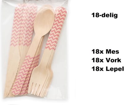 3x Bestekset wave hout 18-delig pink (54 stuks) - Feest festival thema party food diner