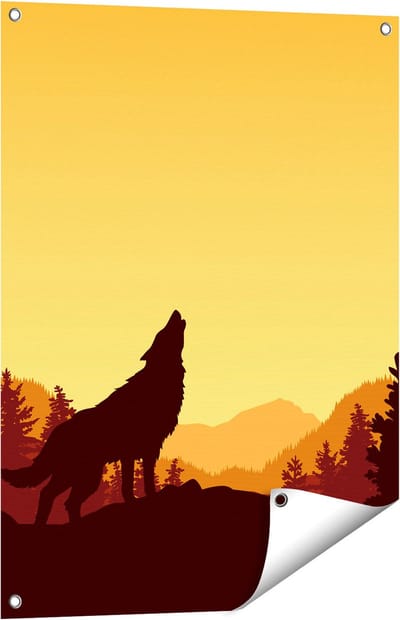 Gards Tuinposter Silhouet van een Wolf in het Bos - Abstract - 60x80 cm - Tuindoek - Tuindecoratie - Wanddecoratie buiten - Tuinschilderij