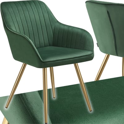 tectake® Eetkamerstoel Marilyn - Gestoffeerde Stoel in Fluweellook - Doorgestikt - Zwarte Stoelpoten - Ergonomische Keukenstoel - Met Doorlopende Rugleuning en Armleuningen - Stoel voor Woonkamer, Eetkamer, Slaapkamer - Groen