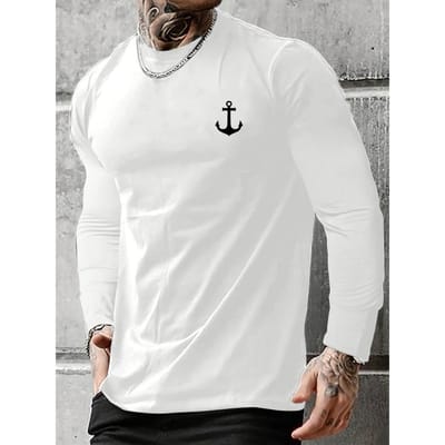 T-shirt Manches Longues Col Rond Ample Décontracté Homme 100% Coton Pur Imprimé Ancre de Bateau Polyvalent Printemps et Automne S white