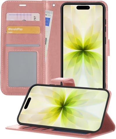 Hoesje - Met Pasjeshouder - Geschikt voor Apple iPhone 17 - Luxe Bookcase Portemonee - Flip Case - Kunstleer Book Case - Flipcase - Book Cover - Walletcase - Portemonneehoes - Telefoonhoesjes - Rosé goud