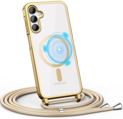 Casemania Hoesje Geschikt voor Samsung Galaxy S25 Plus/S24 Plus - Goud - Siliconen Back Cover met Koord - Geschikt voor MagSafe - Telefoonhoesje met Koord - Crossbody Lanyard Cord Case