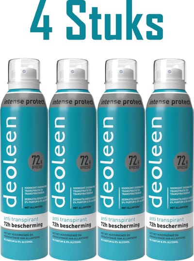 4x Deoleen Intense Protect - Voorkomt overmatige transpiratie en transpiratiegeur - 72 uur effectief - 0% parfum & 0% alcohol - Dermatologisch getest - Met allantoïne, verzorgend en verzachtend - 150 ml