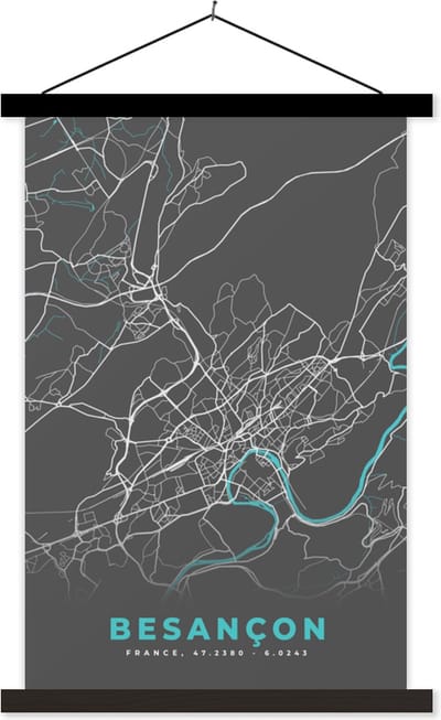 Posterhanger incl. Poster 40x60 cm - Schoolplaat - Kaart - Plattegrond - Stadskaart - Besançon - Frankrijk - Textielposter - Zwarte latten - Stadskaart